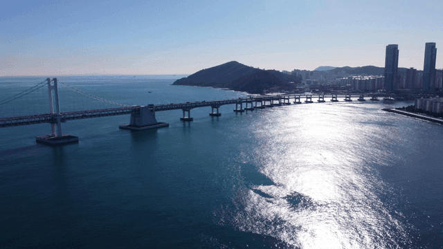 Bridge over calm sea and city scenery