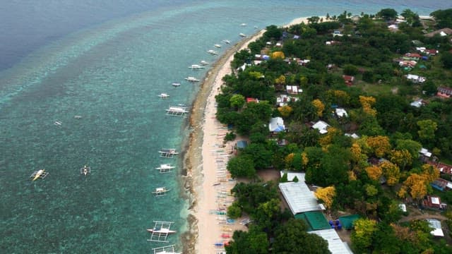 Coastal village with boats and lush greenery