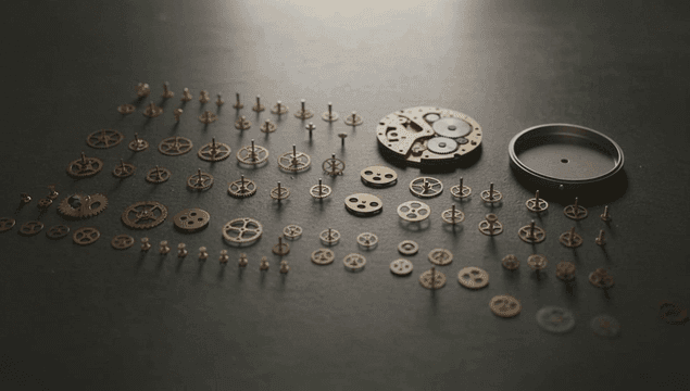 테이블 위에 정리된 시계 부품