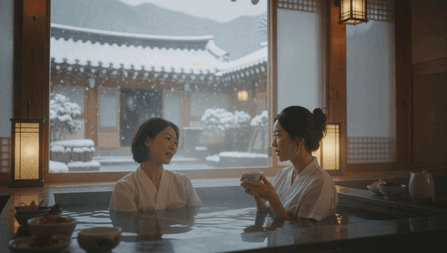 두 여성이 실내에서 따뜻한 목욕을 즐기는 모습