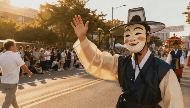 민속탈을 쓴 전통 한국 도로 퍼레이드