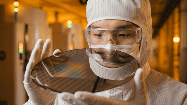 Technician carefully inspecting semiconductor wafer