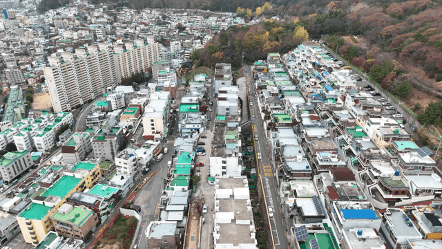 Aerial view of a dense urban neighborhood
