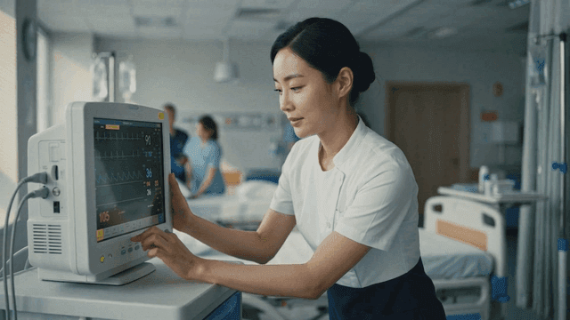 Nurse adjusting a medical monitor in a hospital