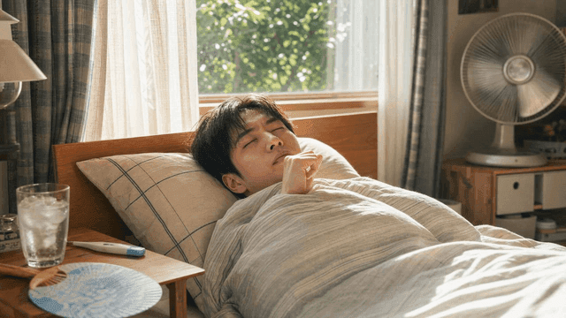 Man with cold coughing in bed on sunny morning