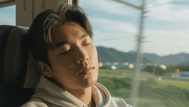 햇빛이 드는 기차 창가에서 평화롭게 잠든 남성