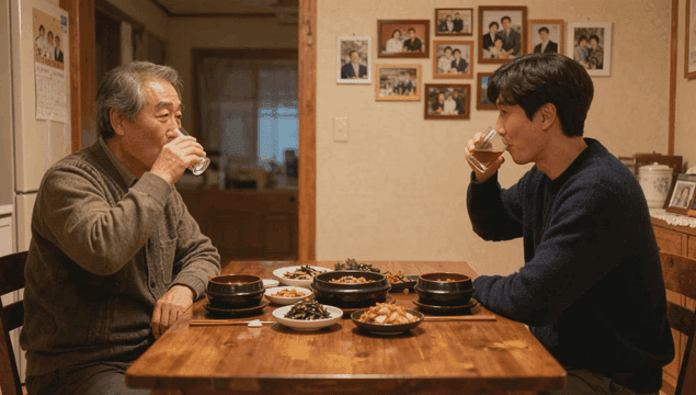 Father and son enjoying a meal together at home