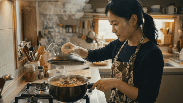 Woman cooking kimchi stew in cozy kitchen