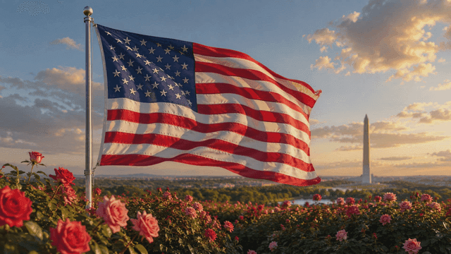 American flag waving near a monument
