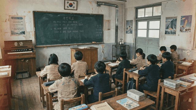 Elementary school classroom in 1970s where students are focused on their studies