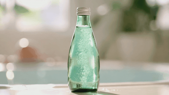 Green sparkling water bottle on table