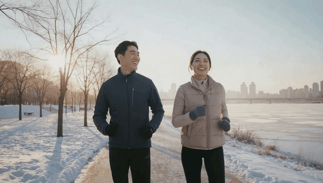 눈 덮인 강변 길에서 조깅하는 커플