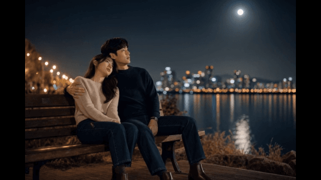Couple sitting on a bench by the river at night