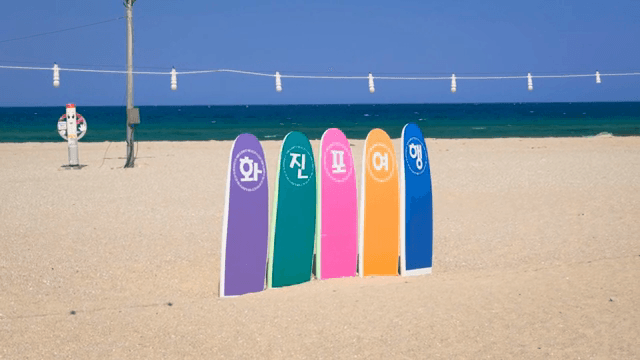 모래 해변의 다채로운 서핑 보드 표지판