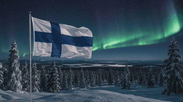 Aurora over snow-covered forest and Finnish flag