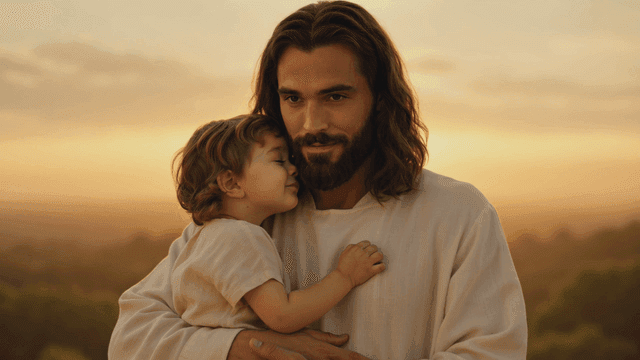 Jesus holding child under sunset sky