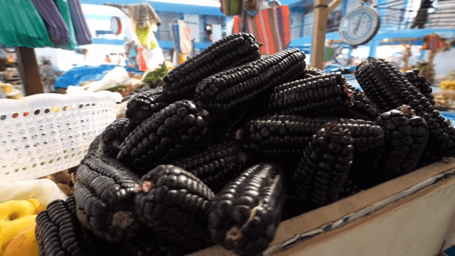 활기찬 시장에 진열된 검은 옥수수