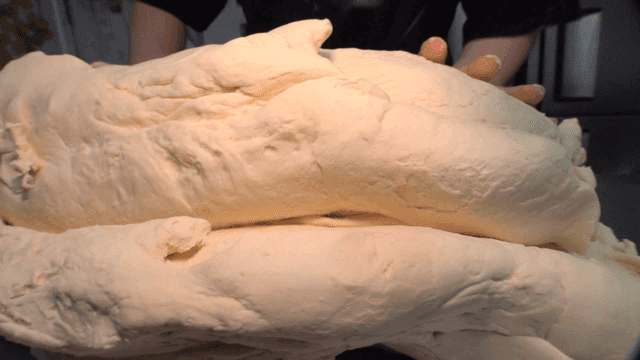 Large dough placed on a kitchen counter