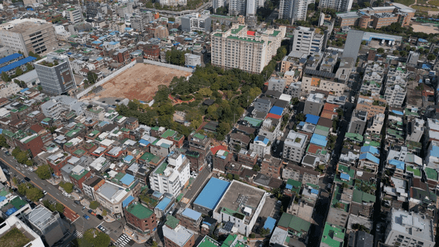 Aerial view of a dense urban neighborhood