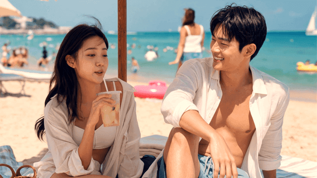 여름 해변에서 파라솔 아래서 쉬는 커플