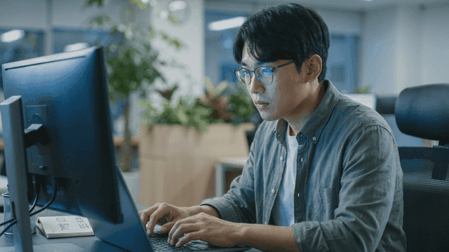 Focused man working on a computer in office