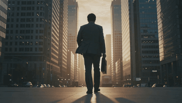 Back view of an office worker walking on a city street