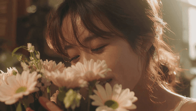 꽃을 즐기며 미소 짓는 여성