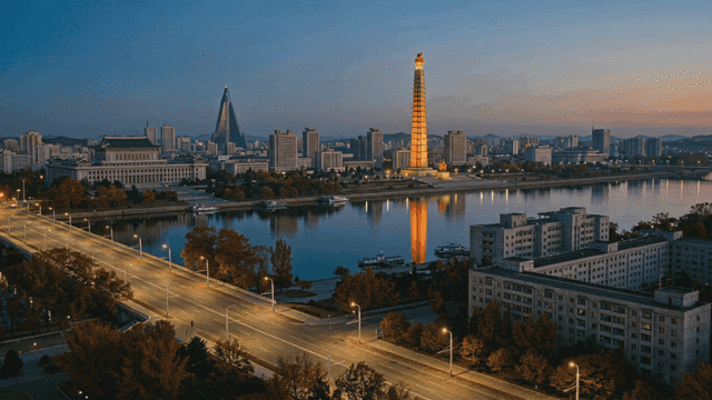 North Korean towers and city skyline lit up at night
