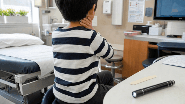 Back view of child holding their neck in medical examination room