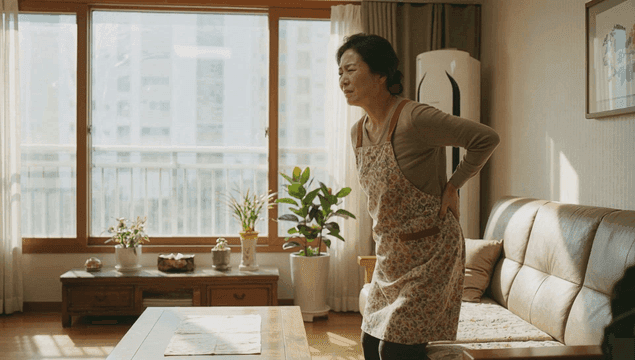 앞치마를 입고 허리를 잡고 있는 여성