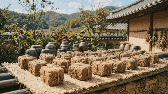 Traditional Korean meju drying outdoors