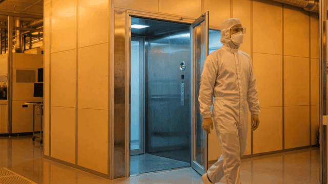 Technician in a cleanroom suit exiting a facility