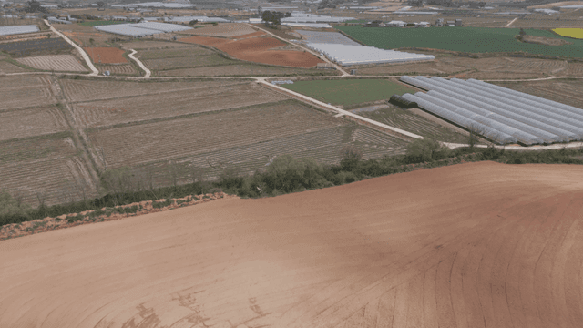 Expansive farmland with greenhouses