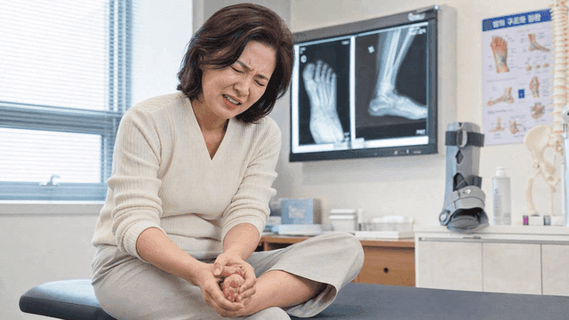 Middle-aged female patient clutching her foot in pain