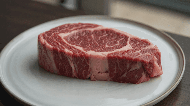 Raw steak on white plate