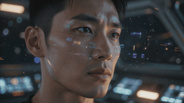 Man focused on cockpit of future spaceship