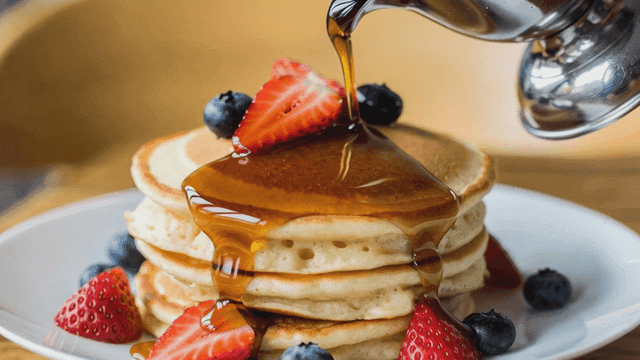 Waffles topped with fresh berries and syrup