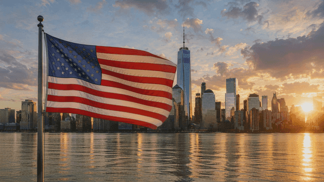 American flag in city at sunset