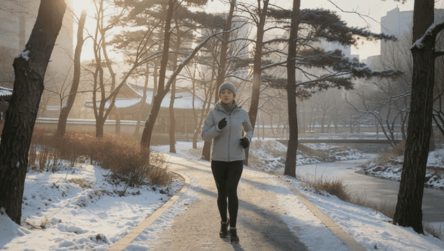 소나무가 이어지는 공원을 뛰는 여성
