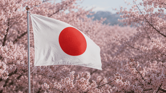 Cherry blossoms with Japanese flag fluttering