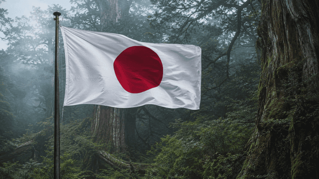 Japanese flag waving in a misty forest
