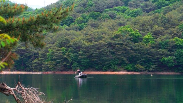 Man fishing alone on a boat in a tranquil forest lake