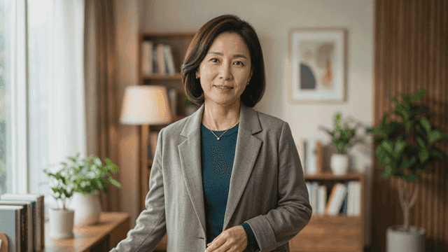 Middle-aged woman standing in cozy living room