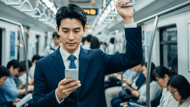 Businessperson in suit looking at their phone on subway