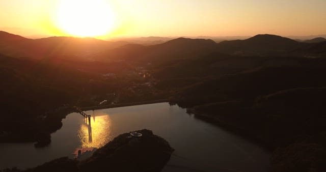 Sunset over a serene mountain lake