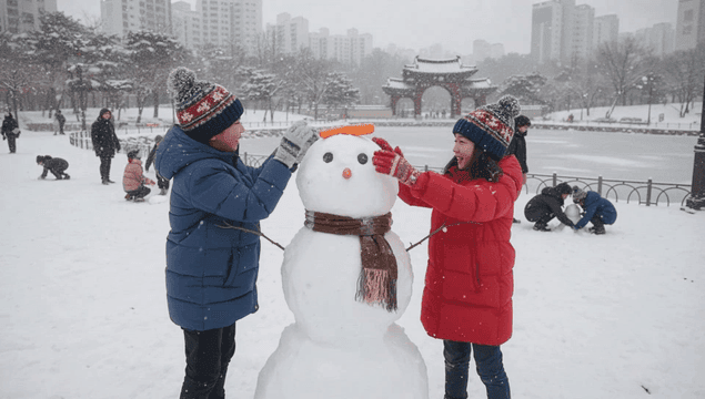 Children building a snowman in a snowy park