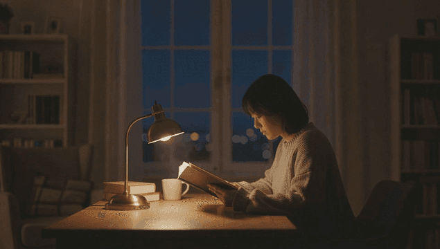 밤에 집 전등 아래 따듯한 차와 책을 읽는 젊은 여성