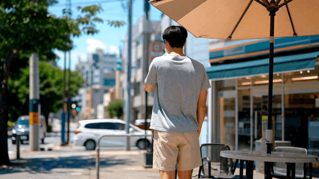 파라솔 아래 음료를 마시는 남자 뒷모습