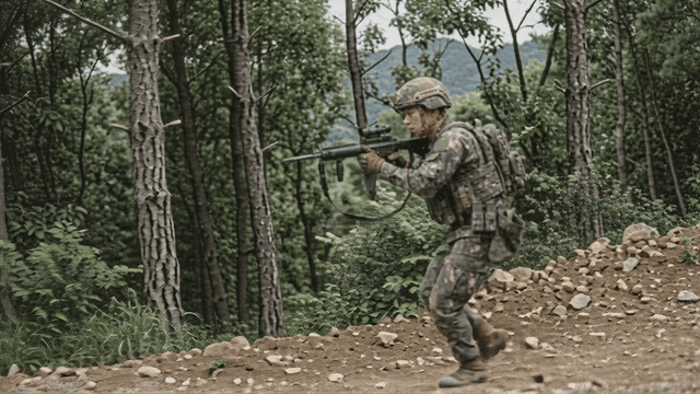 Soldiers moving cautiously in forest