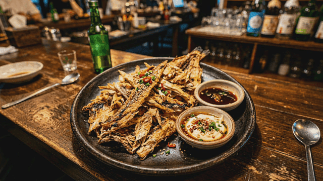 Grilled dried pollack and soju on table